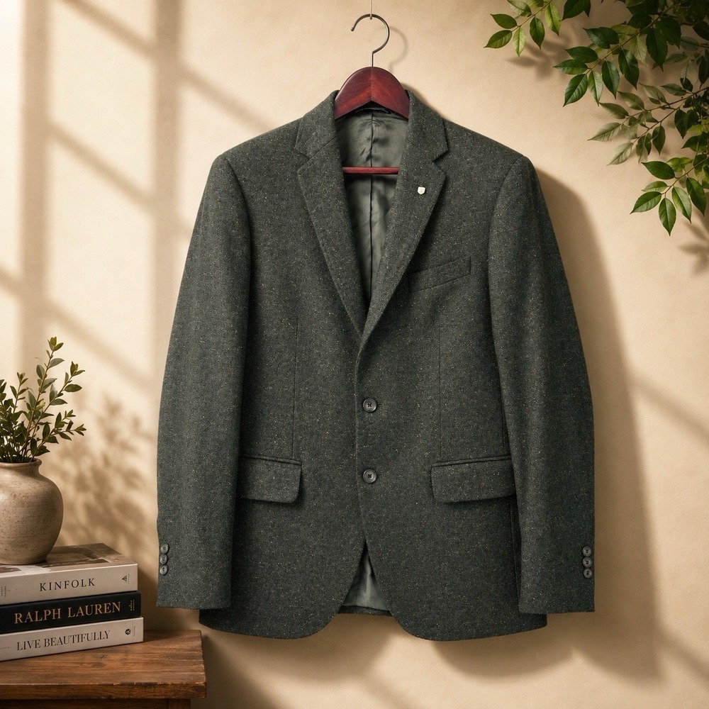 GANT Tweed Blazer Mens 36 Green Wool Silk Flecked Two Button Business Sport Coat